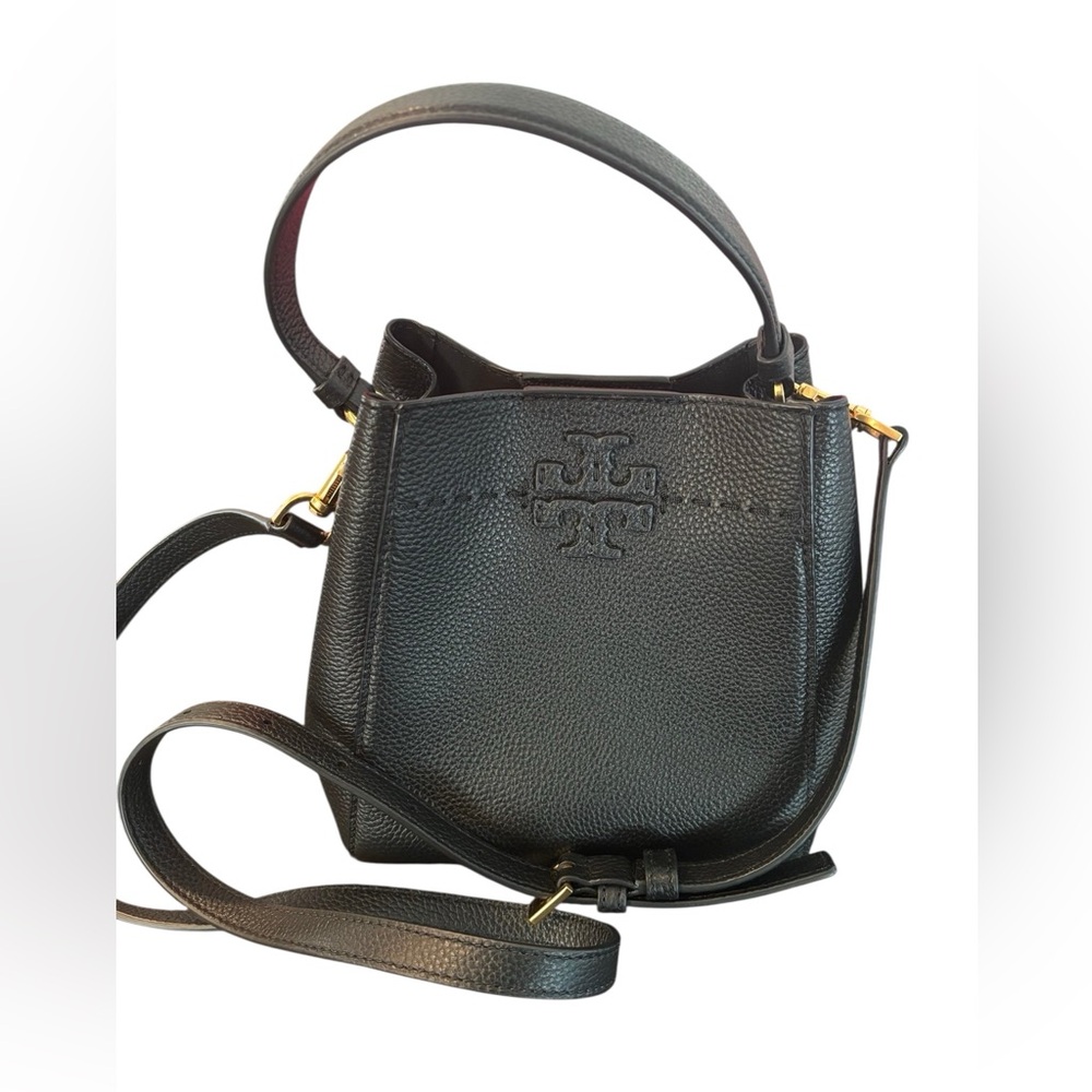 Tory Burch Black Pebbled Leather Bucket Shoulder Bag with Gold Hardware - Picture 3 of 4